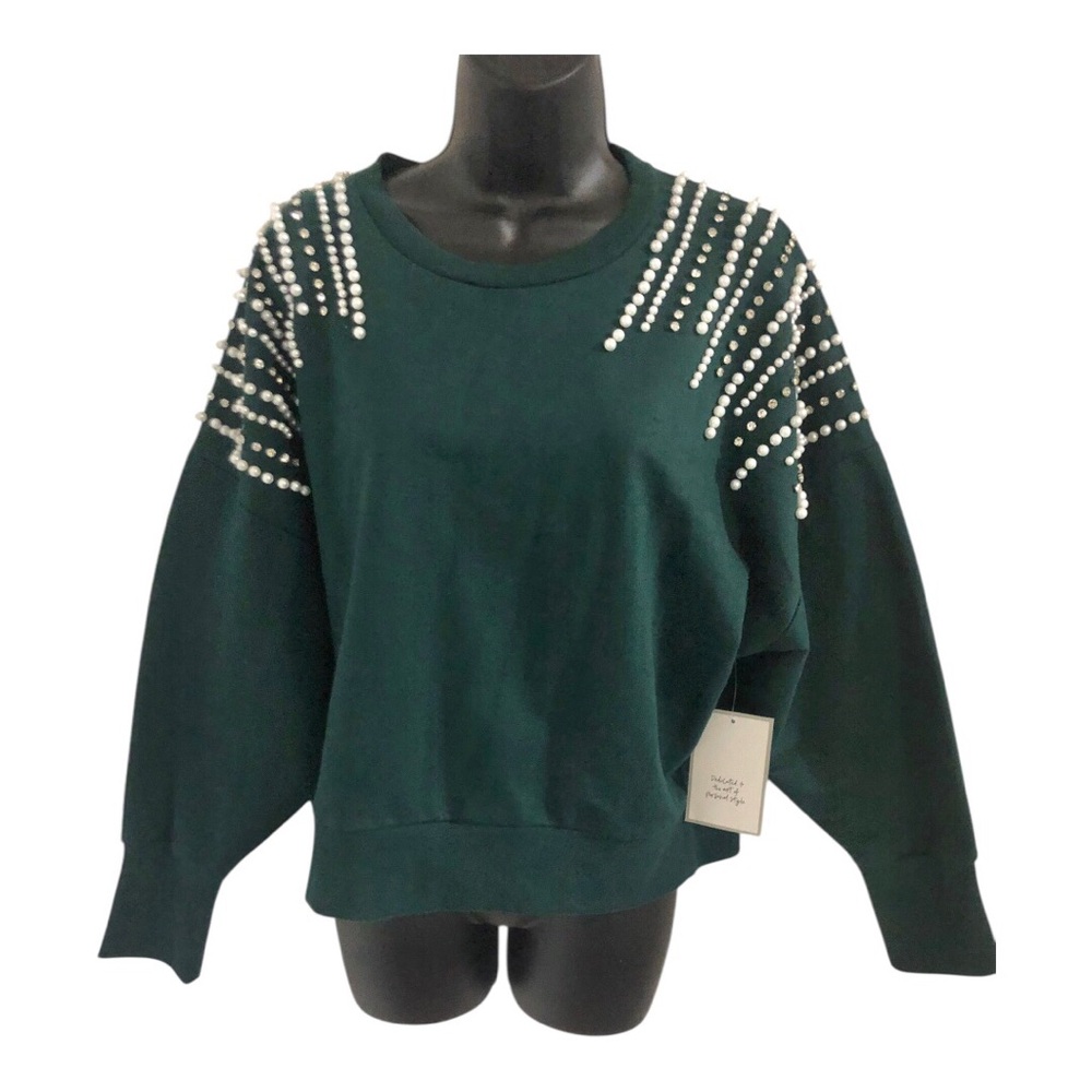 Pearl‎ and cubic zirconia crystal studded green sweatshirt size medium brand new